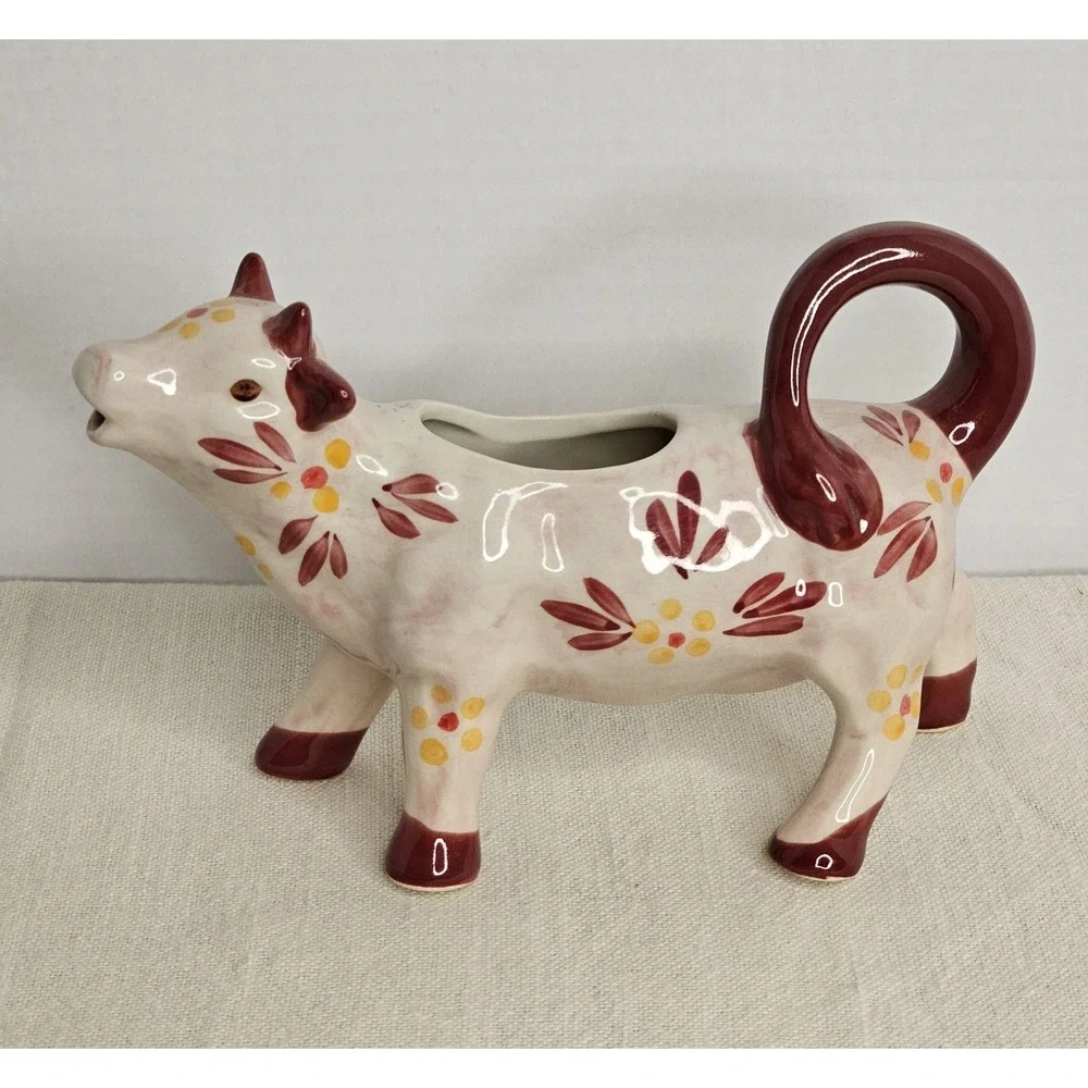 Temp-tations Old World Cranberry Cow Creamer Floral Pattern - Picture 2 of 3